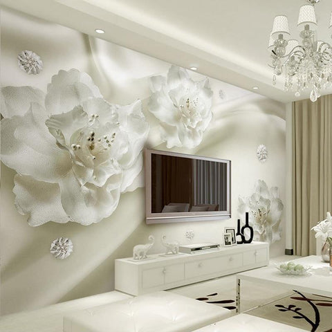 Image of White Flowers Silk Wallpaper Mural, Custom Sizes Available Maughon's