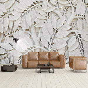 White Leaf Wallpaper Mural, Custom Sizes Available
