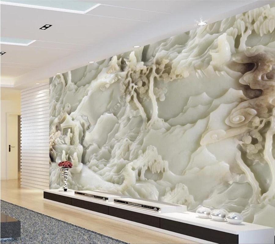 White Marble Jade Carving Landscape Wallpaper Mural, Custom Sizes Available Wall Murals Maughon's