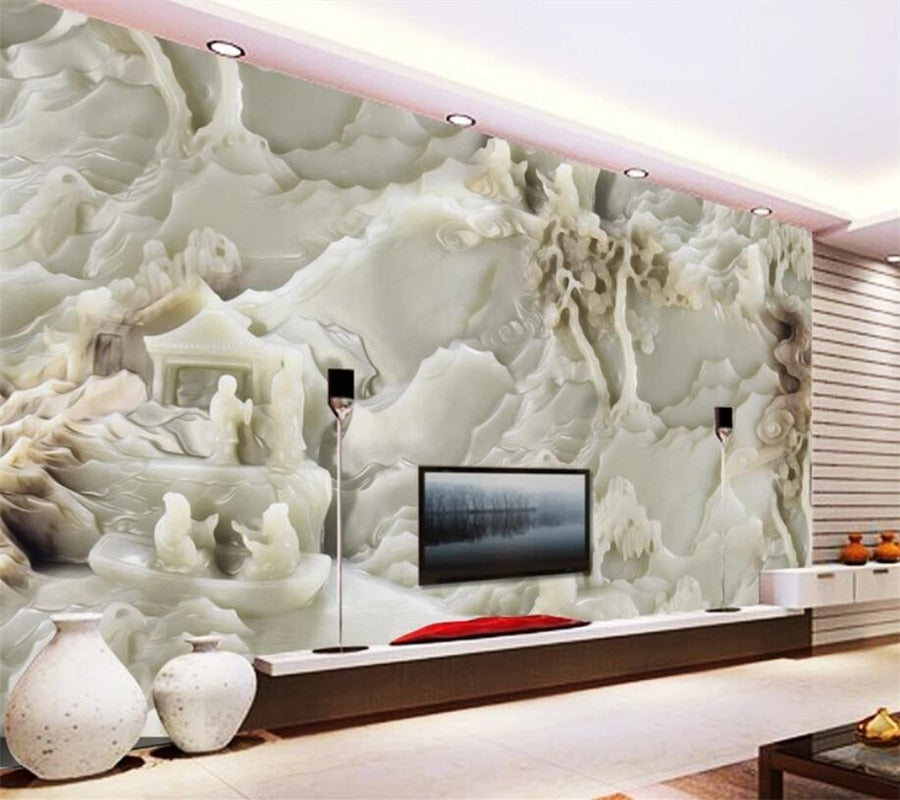 White Marble Jade Carving Landscape Wallpaper Mural, Custom Sizes Available Wall Murals Maughon's