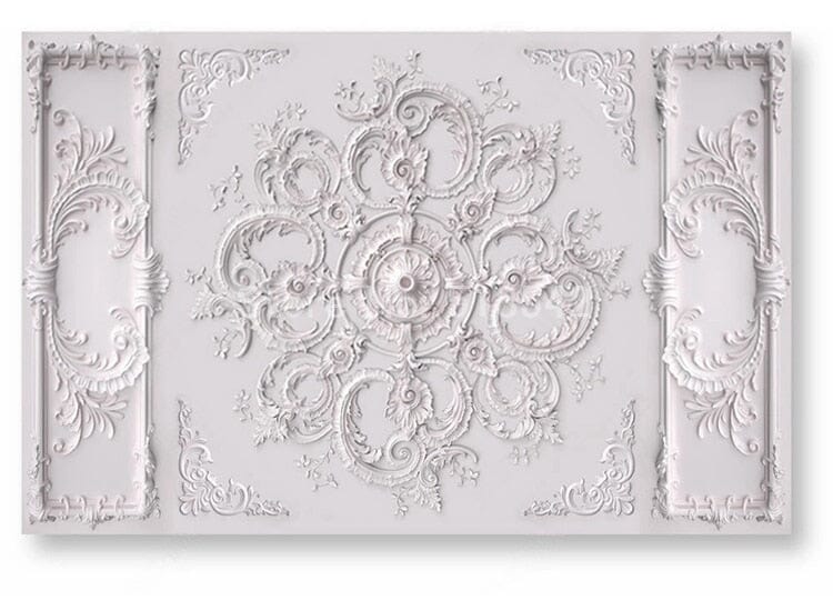 White Ornate Wall or Ceiling Relief Medallion Wallpaper Mural, Custom Sizes Available Wall Murals Maughon's