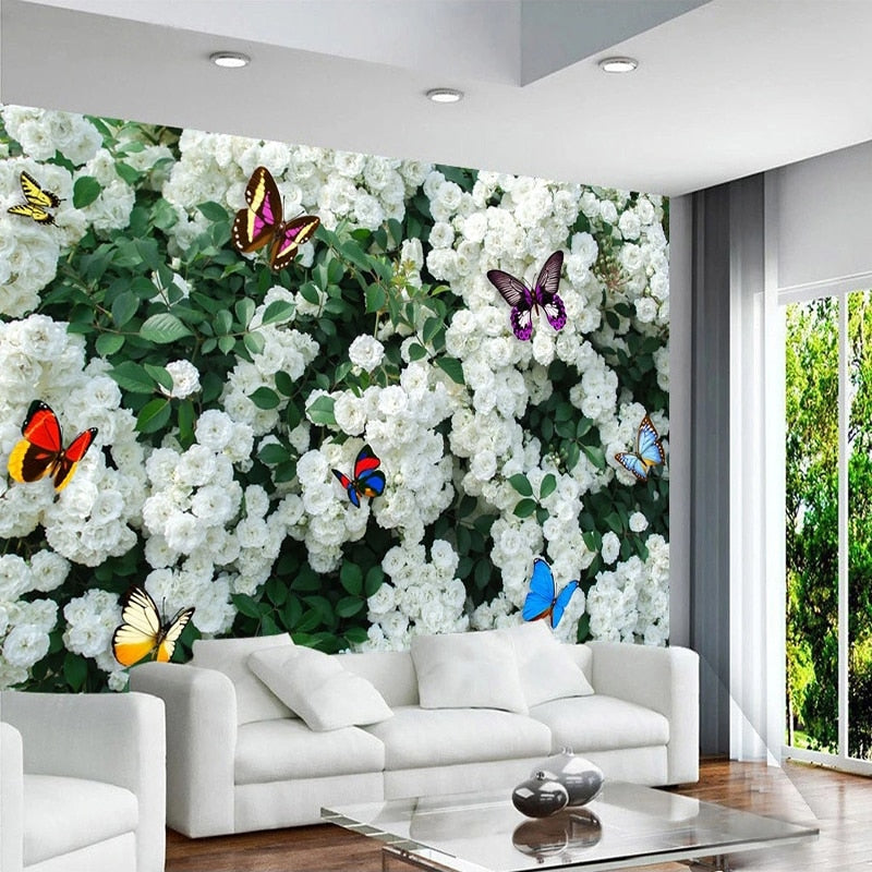 White Roses and Butterflies Wallpaper Mural, Custom Sizes Available Wall Murals Maughon's
