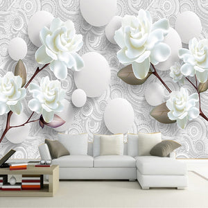 White Gardenias and Spheres Decorative Wallpaper Mural, Custom Sizes Available