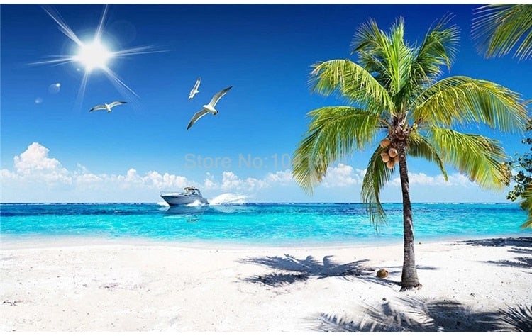 White Sandy Beach With Palm Tree and Boat Wallpaper Mural, Custom Sizes Available Wall Murals Maughon's