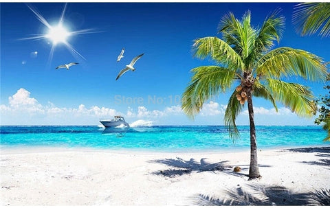 Image of White Sandy Beach With Palm Tree and Boat Wallpaper Mural, Custom Sizes Available Wall Murals Maughon's