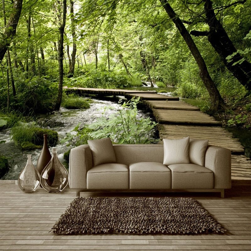 Wooden Bridge Over Forest Stream Wallpaper Mural, Custom Sizes Available Wall Murals Maughon's Waterproof Canvas