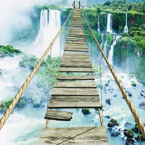 Image of Wooden Bridge Over Waterfall Self Adhesive Floor Mural, Custom Sizes Available Maughon's