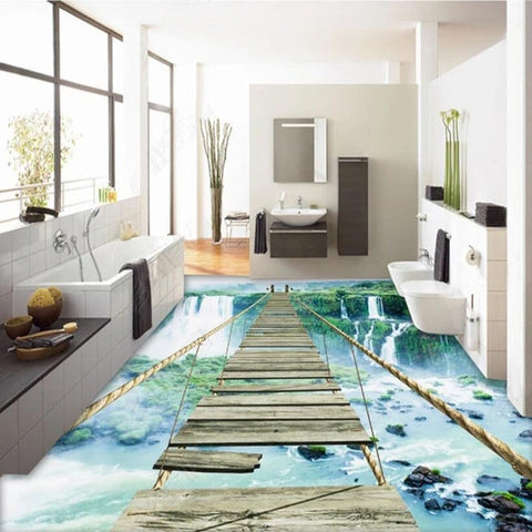 Image of Wooden Bridge Over Waterfall Self Adhesive Floor Mural, Custom Sizes Available Maughon's