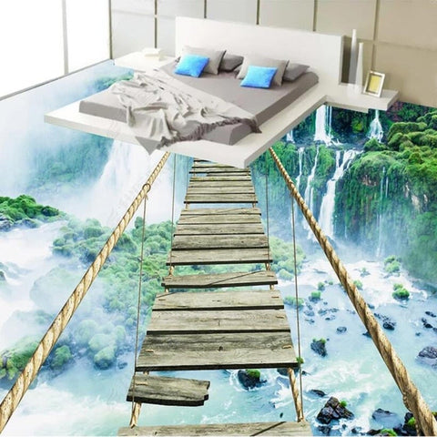 Image of Wooden Bridge Over Waterfall Self Adhesive Floor Mural, Custom Sizes Available Maughon's