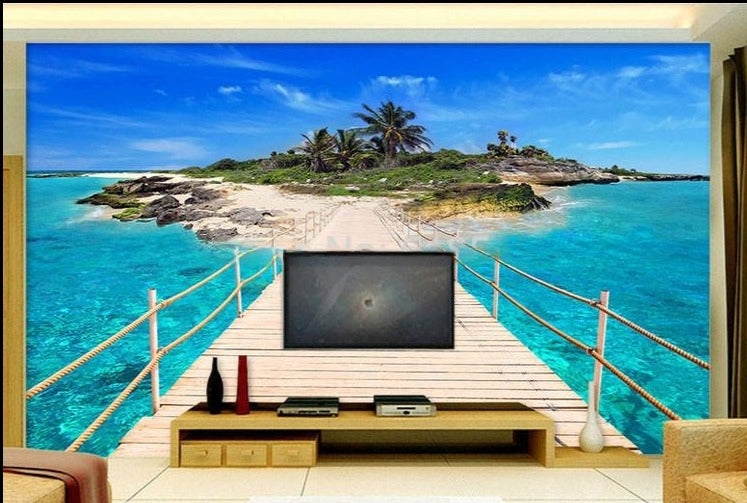 Wooden Bridge to Island Wallpaper Mural, Custom Sizes Available