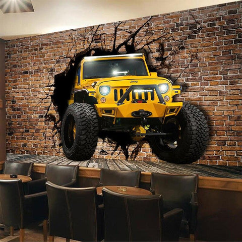 Image of Yellow Jeep Breaking Through Brick Wall Wallpaper Mural, Custom Sizes Available Maughon's
