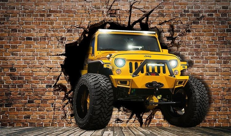 Yellow Jeep Breaking Through Brick Wall Wallpaper Mural, Custom Sizes Available