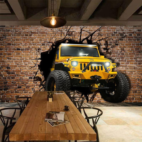 Image of Yellow Jeep Breaking Through Brick Wall Wallpaper Mural, Custom Sizes Available Maughon's