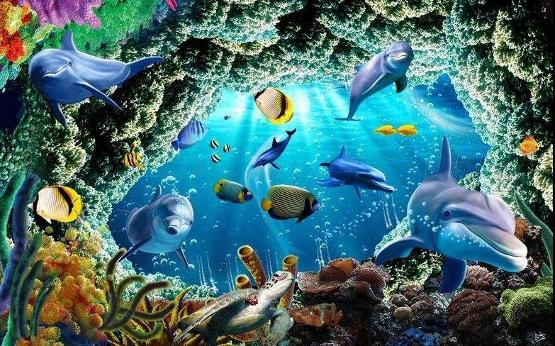 Stunning Dolphins And Tropical Fish  Wallpaper Mural, Custom Sizes Available