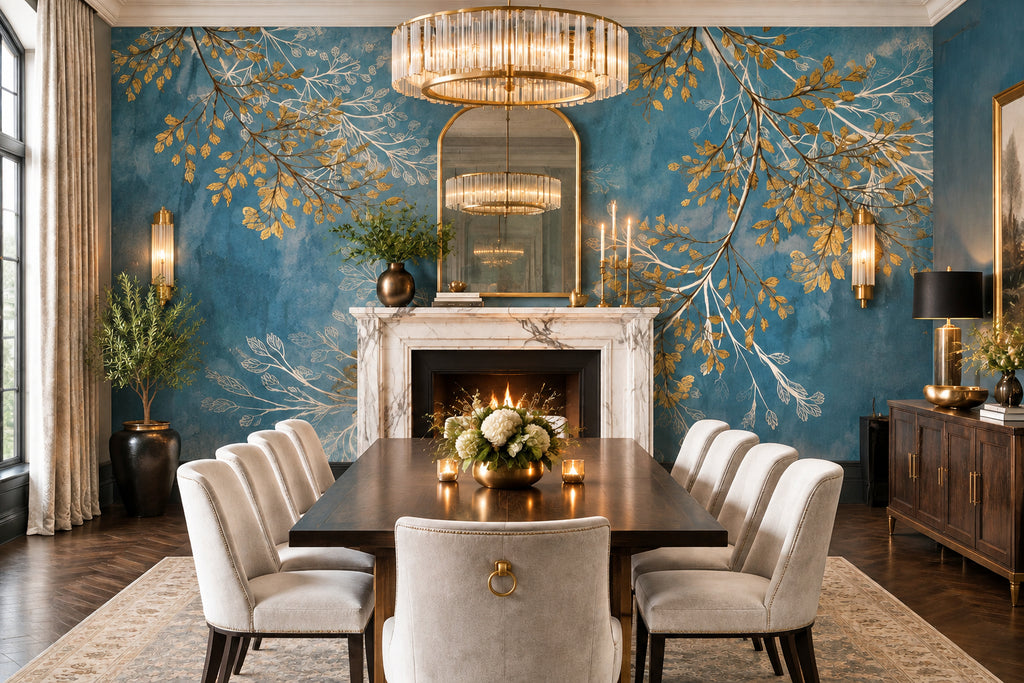Gold and White Plant Fronds On Blue Background Wallpaper Mural, Custom Sizes Available