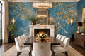 Gold and White Plant Fronds On Blue Background Wallpaper Mural, Custom Sizes Available