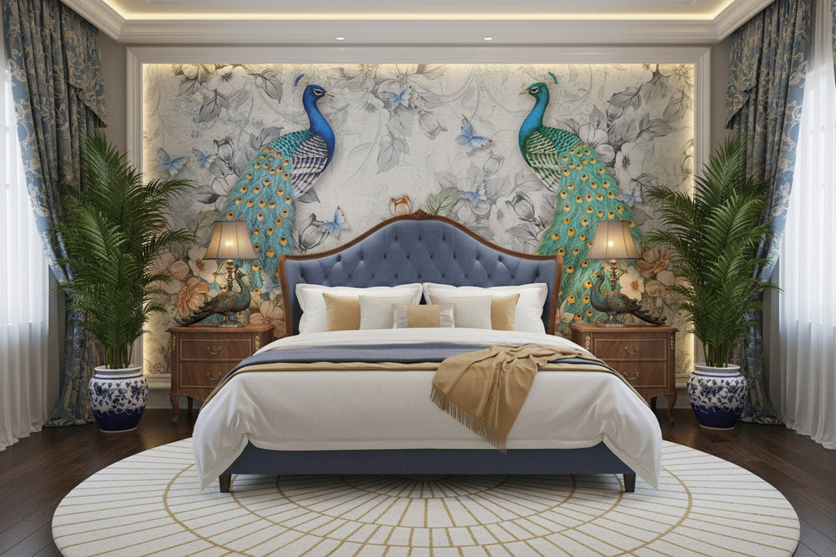 Beautiful Blue and Green Peacocks Wallpaper Mural, Custom Sizes Available