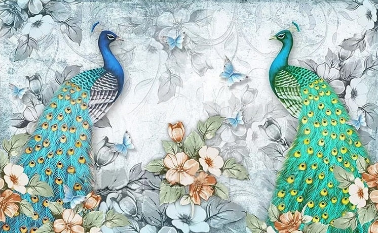 Beautiful Blue and Green Peacocks Wallpaper Mural, Custom Sizes Available