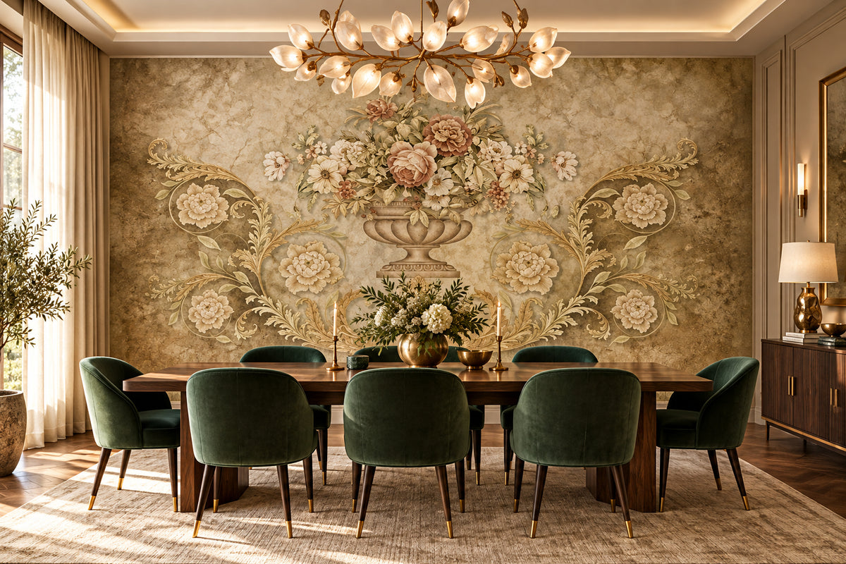 Decorative Floral Vase Background Wallpaper Mural, Custom Sizes Available