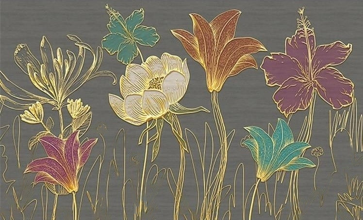 Lovely Gold Trimmed Flowers Wallpaper Mural, Custom Sizes Available
