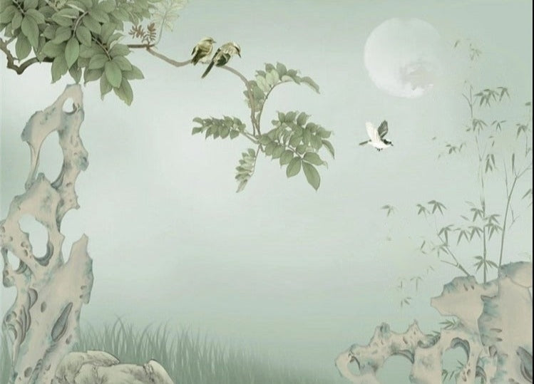 Chinese Style Hand Painted Bamboo and Birds Wallpaper Mural, Custom Sizes Available