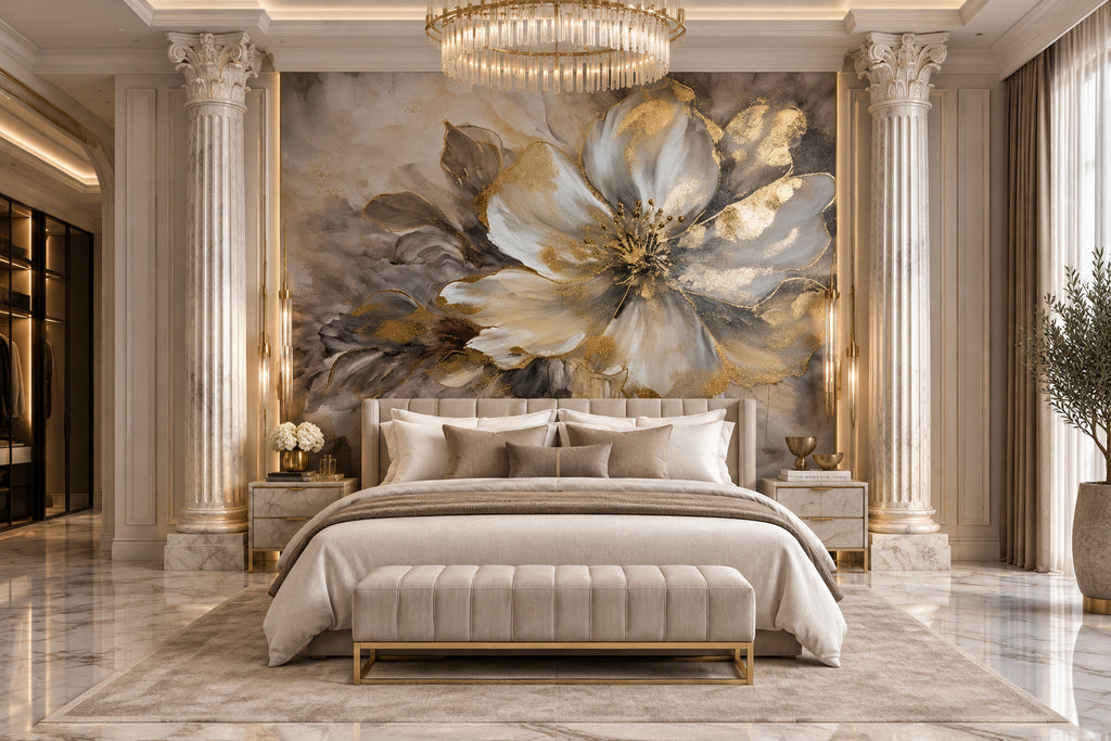 Exquisite Luxury Gold Leaf Magnolia Blossom Wallpaper Mural, Custom Sizes Available