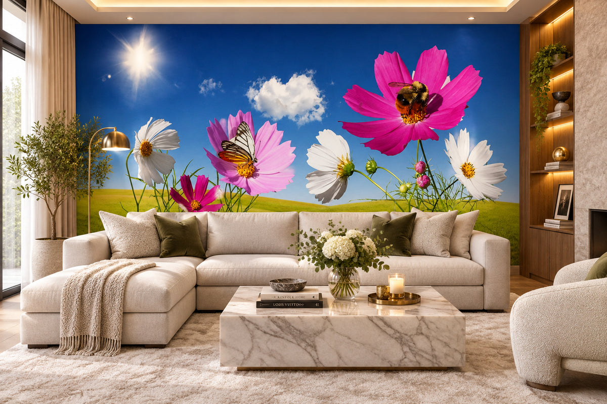 Sunny Field of Cosmos Wallpaper Mural, Custom Sizes Available