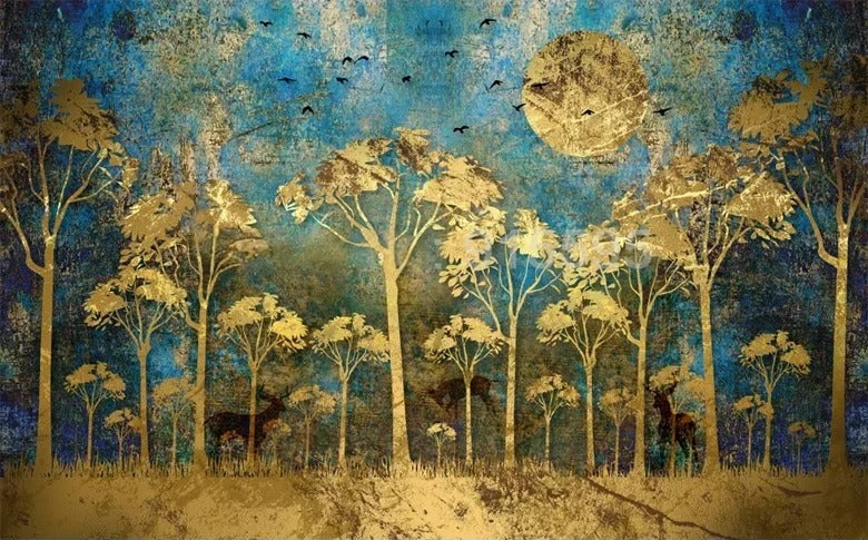 Gold Abstract Forest and Moon Wallpaper Mural, Custom Sizes Available