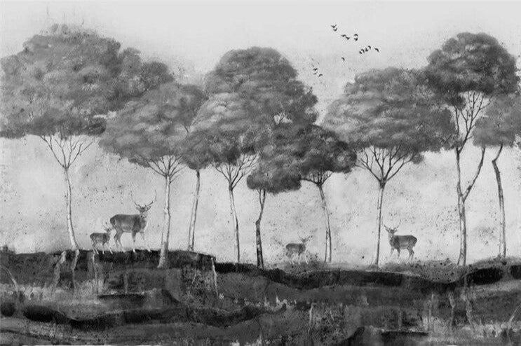 Mural de fondo blanco y negro con bosque de alces, tamaños personalizados disponibles