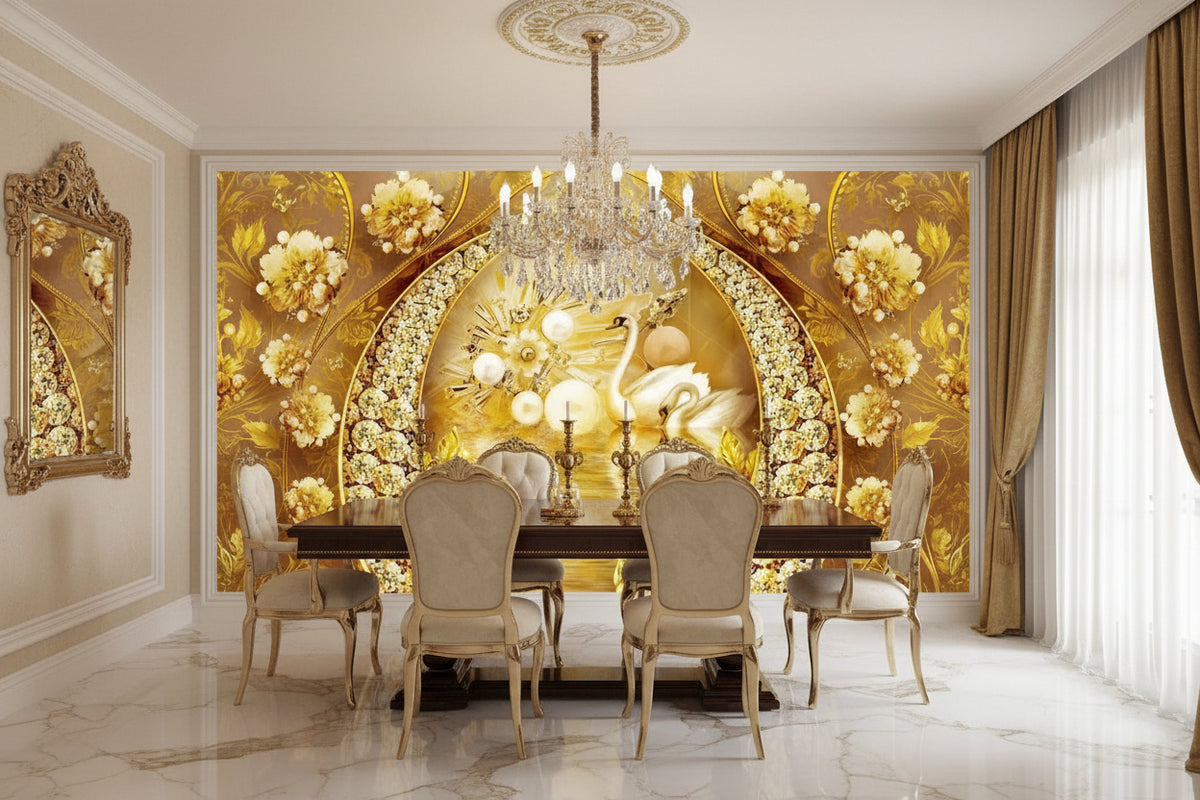 Golden Swans, Flowers and Jewelry Wallpaper Mural, Custom Sizes Available