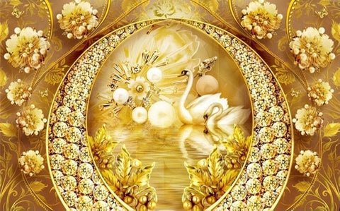 Image of Golden Swans, Flowers and Jewelry Wallpaper Mural, Custom Sizes Available
