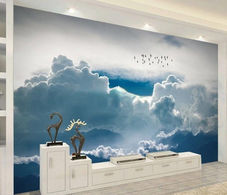 Billowing Clouds and Birds Wallpaper Mural, Custom Sizes Available