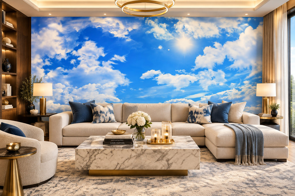 Blue Sky and White Clouds Wallpaper Mural, Custom Sizes Available