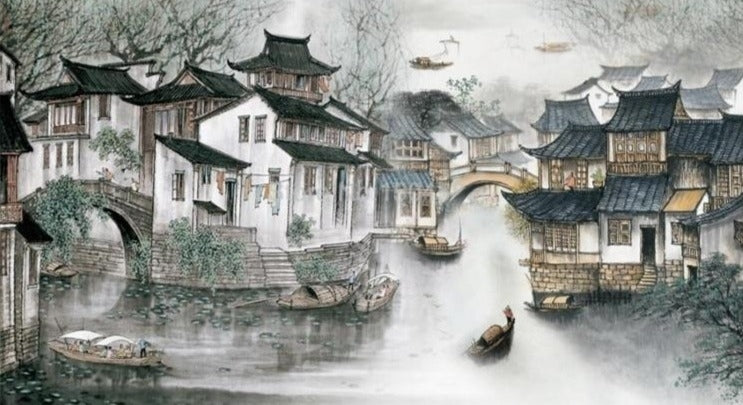 Mural de papel pintado Pueblo chino sobre el agua, tamaños personalizados disponibles