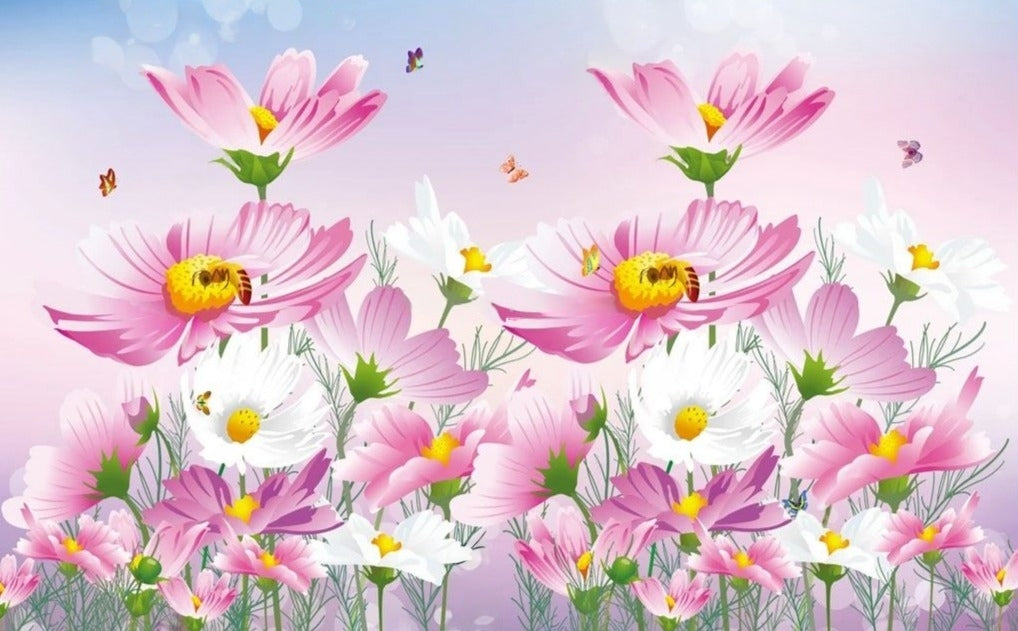 Lovely Pink and White Anemones and Butterflies Wallpaper Mural, Custom Sizes Available