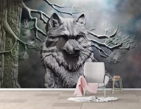Image of Mural de papel pintado con escultura en relieve de lobo gris, tamaños personalizados disponibles