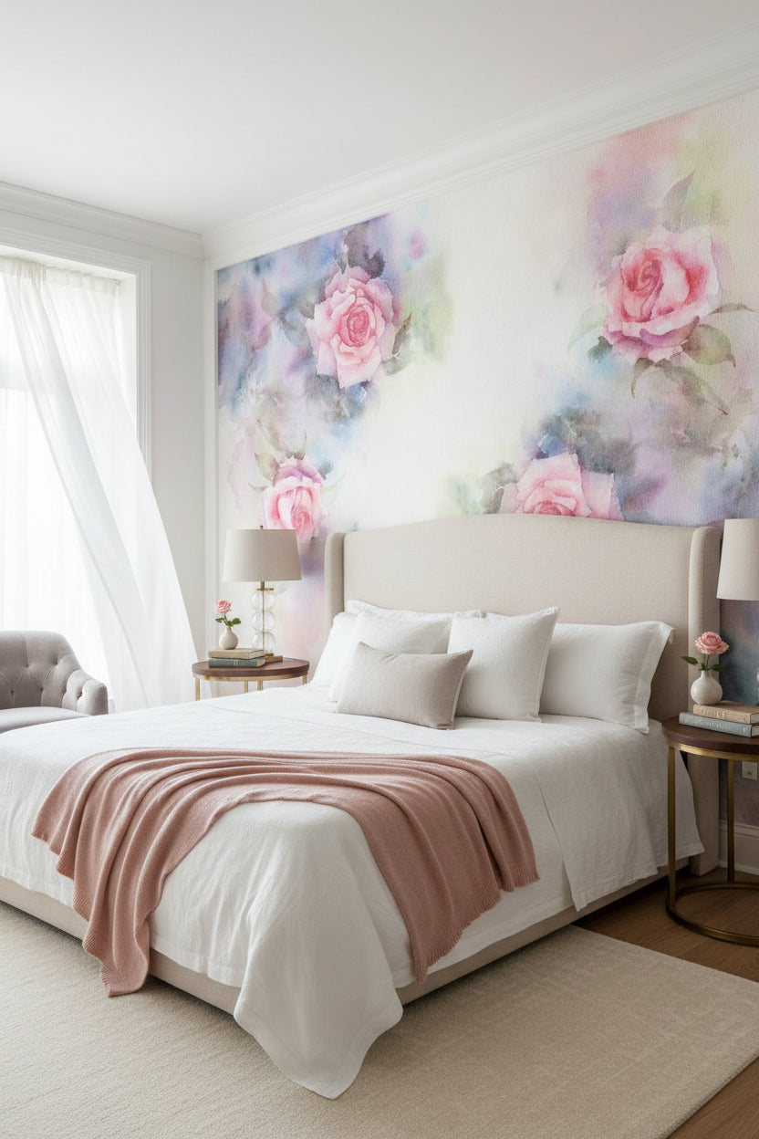 Elegant Faint Pink Roses In Watercolor Wallpaper Mural, Custom Sizes Available