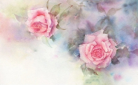 Image of Elegant Faint Pink Roses In Watercolor Wallpaper Mural, Custom Sizes Available