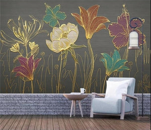 Lovely Gold Trimmed Flowers Wallpaper Mural, Custom Sizes Available