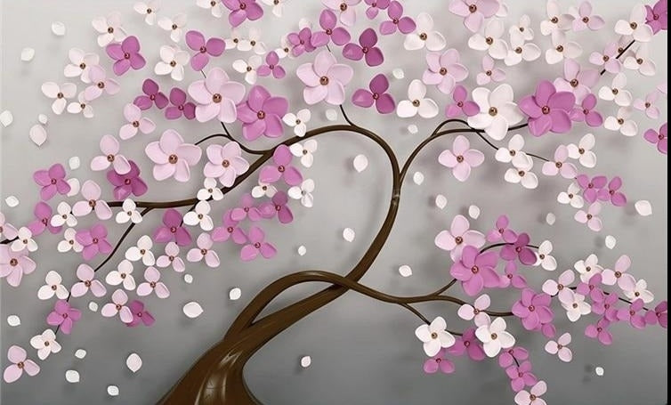 Mural abstracto de árbol en flor rosa y morado, tamaños personalizados disponibles