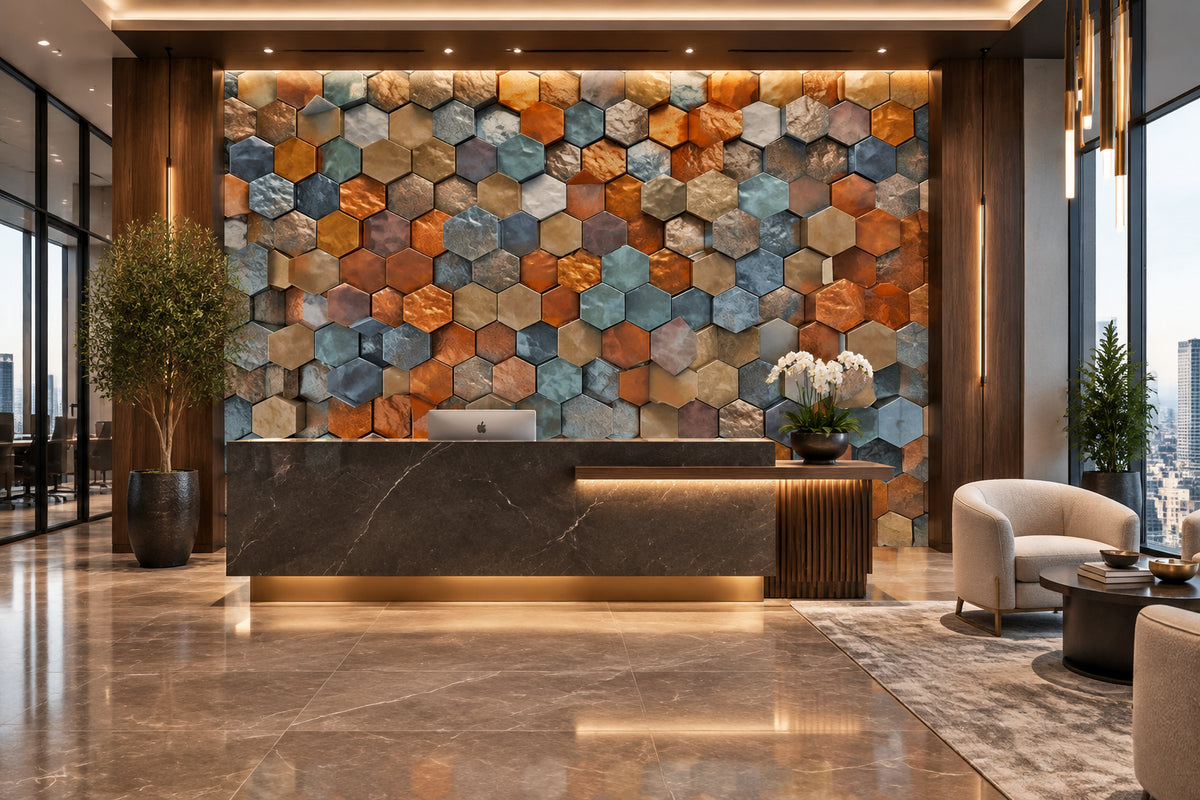 Bold Multicolor Metal Hexagon Stack Wallpaper Mural, Custom Sizes Available