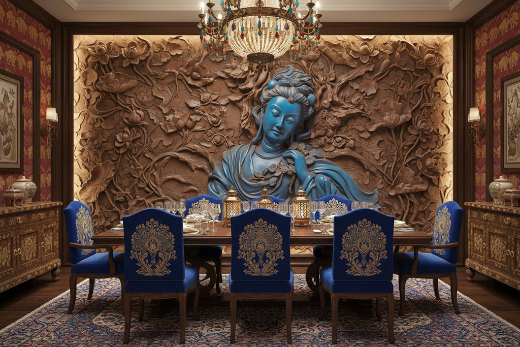 Blue Jade Avalokitesvara Relief Wallpaper Mural, Custom Sizes Available