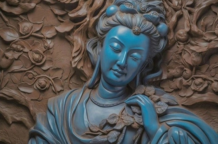 Blue Jade Avalokitesvara Relief Wallpaper Mural, Custom Sizes Available