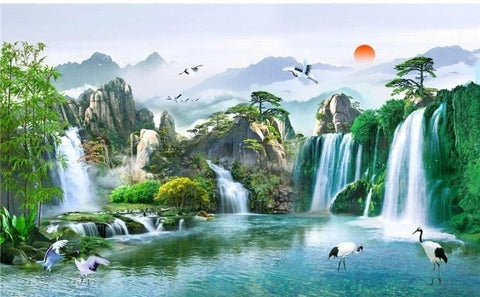 Image of Lovely Chinese-Style Waterfalls Wallpaper Mural, Custom Sizes Available