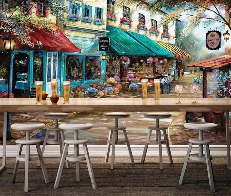 Mural pintado a mano con ciudad retro y cafetería, tamaños personalizados disponibles