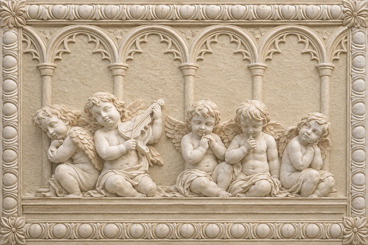 3D Cherubs Marble Sculpture Relief Wallpaper Mural, Custom Sizes Available