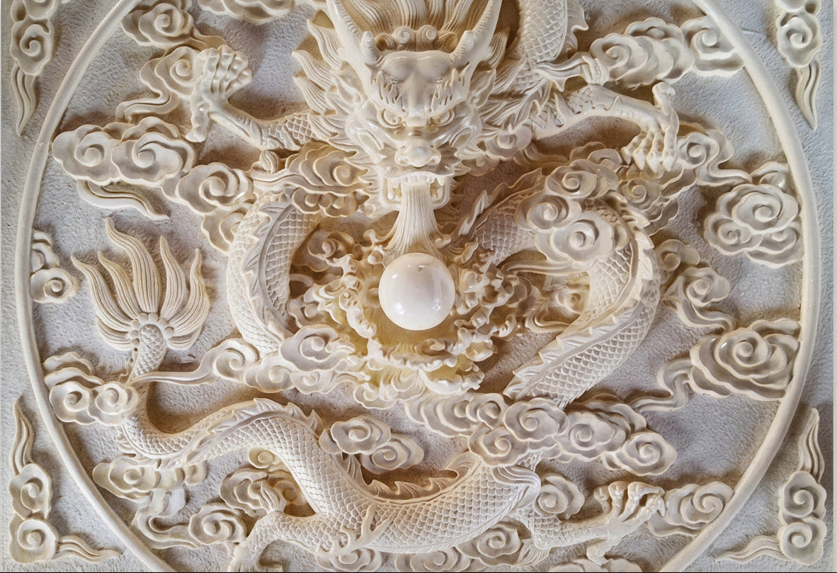 3D Ivory Chinese Dragon Relief Wallpaper Mural, Custom Sizes Available