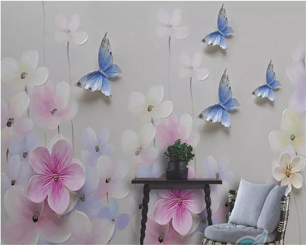 3D Pastel Butterflies and Flowers Wallpaper Mural, Custom Sizes Available