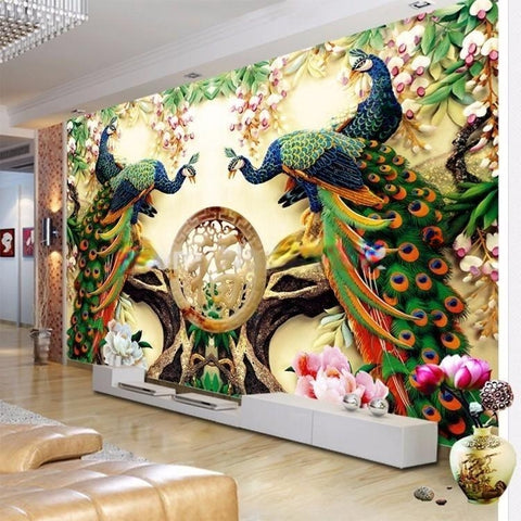 Image of Amazing 3D Peacocks Wallpaper Mural, Custom Sizes Available