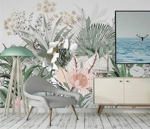 Nordic Hand Painted Tropical Wallpaper Mural, Custom Sizes Available